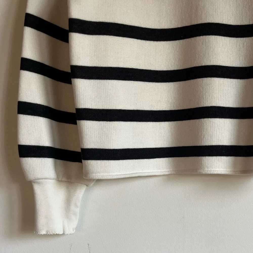 NWT JCrew Heritage Terry Mockneck Sweatshirt XXS Black Cream Stripe $118 CF423